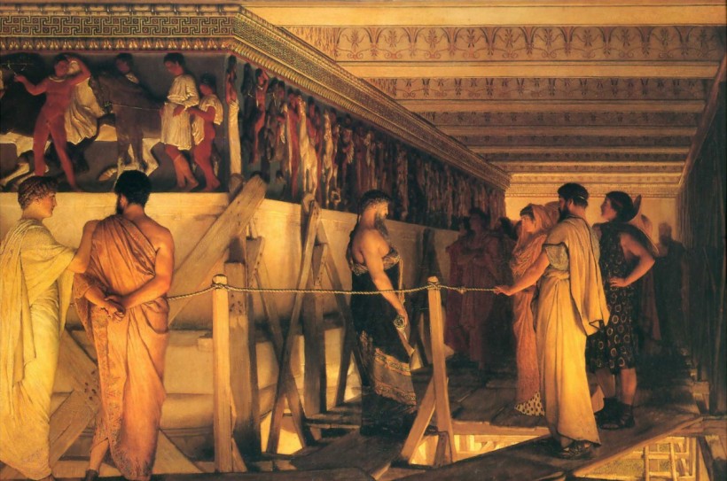 英國畫家塔德瑪（Lawrence Alma Tadema, 1836-1912），菲迪亞斯展示帕德嫩神殿橫飾帶的雕像（Phidias Showing the Frieze of the Parthenon to his Friends），1868，油彩畫布，72 × 110.5 cm，Birmingham Museum and Art Gallery。