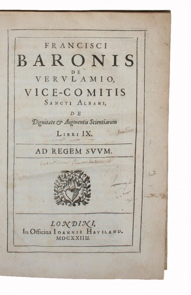 《論科學分類》（De Augmentis Scientiarum）一書第一版。
